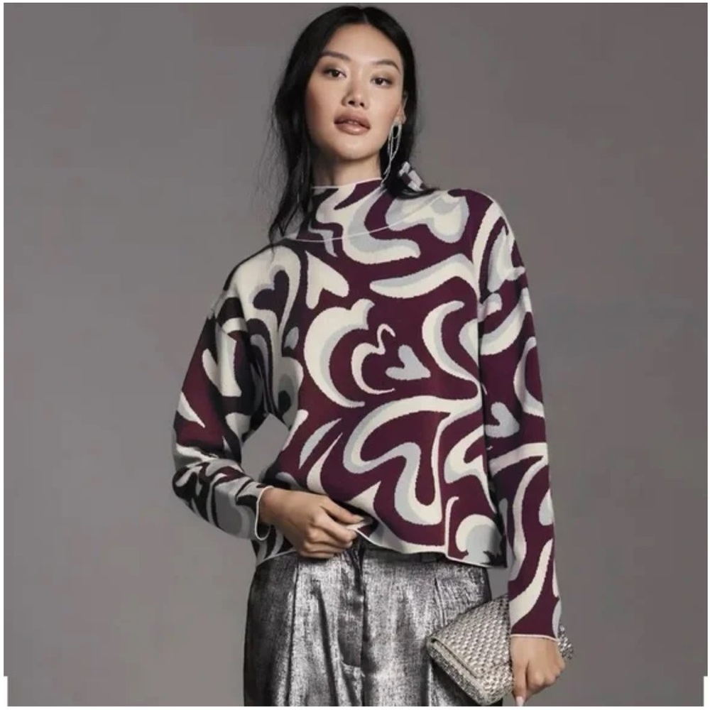 Anthropologie‎ Maeve NWT Plum Swirl Mock Neck Sweater Retro Mod Knit- Large